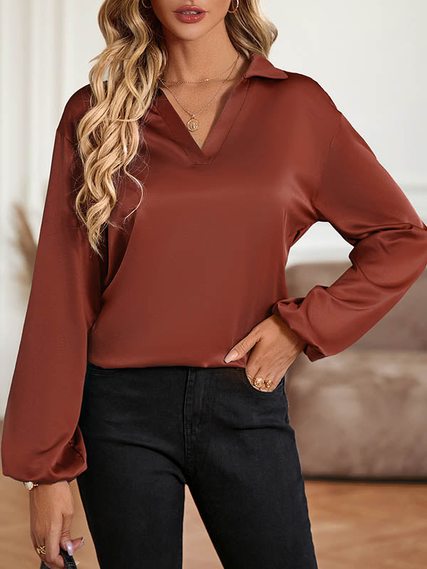 High-low Long Sleeves Backless Elasticity Hollow Knot Solid Color V-neck T-Shirts Tops