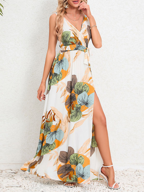 A-Line Loose Flower Print Pleated Split-Front Tied Waist V-Neck Maxi Dresses