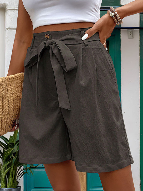 High Waisted Loose Buttoned Elasticity Pleated Pockets Tied Waist Shorts Bottoms