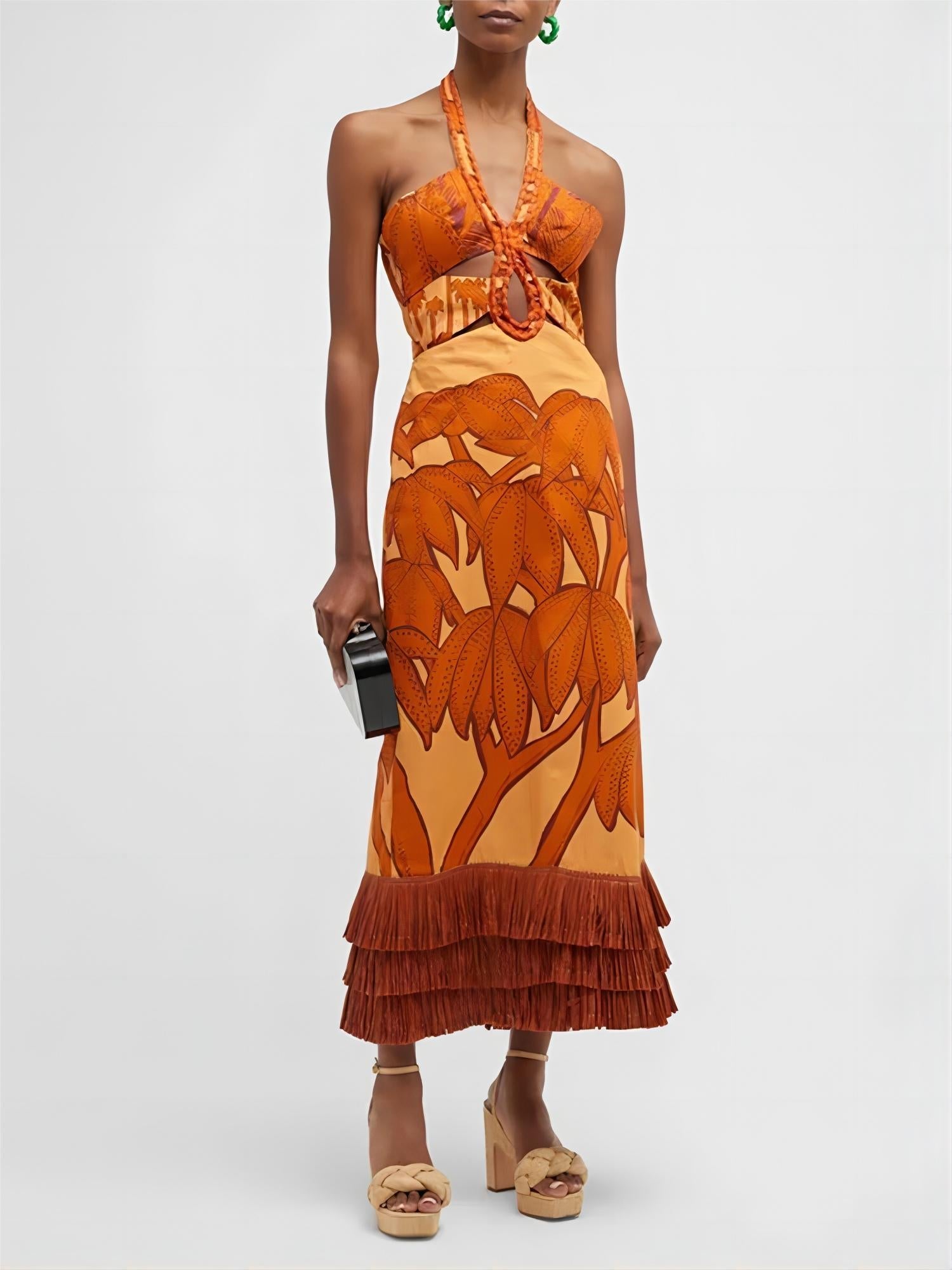 Exquisite Vintage Palm Tree Print Tassel Midi Dress