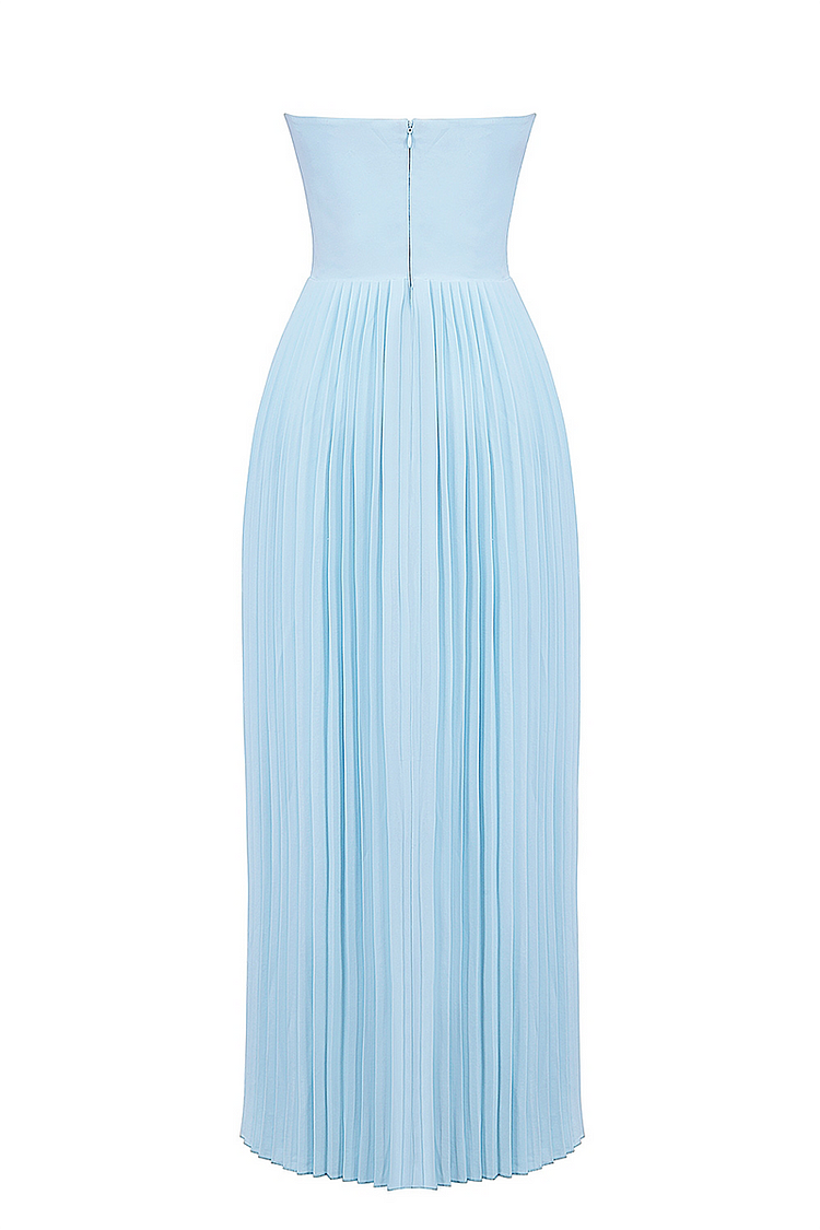 Strapless Cinch Waist Pleated Maxi Dresses-Blue [Pre Order]