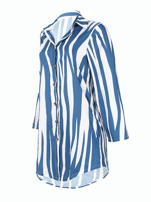 Long Sleeves Loose Buttoned Striped Lapel Mini Dresses Shirt Dress