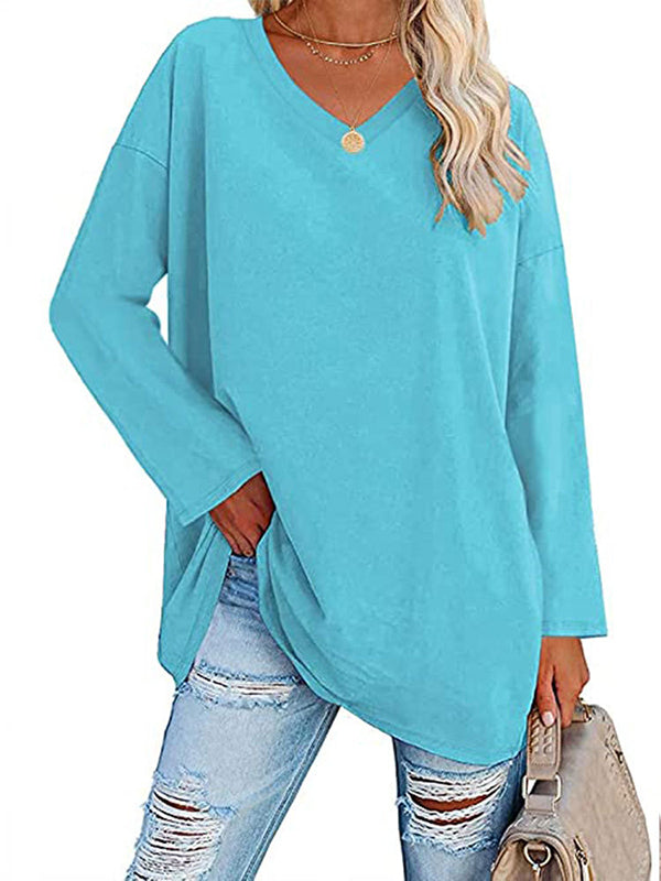 Long Sleeves Loose See-Through Solid Color Split-Joint V-Neck T-Shirts