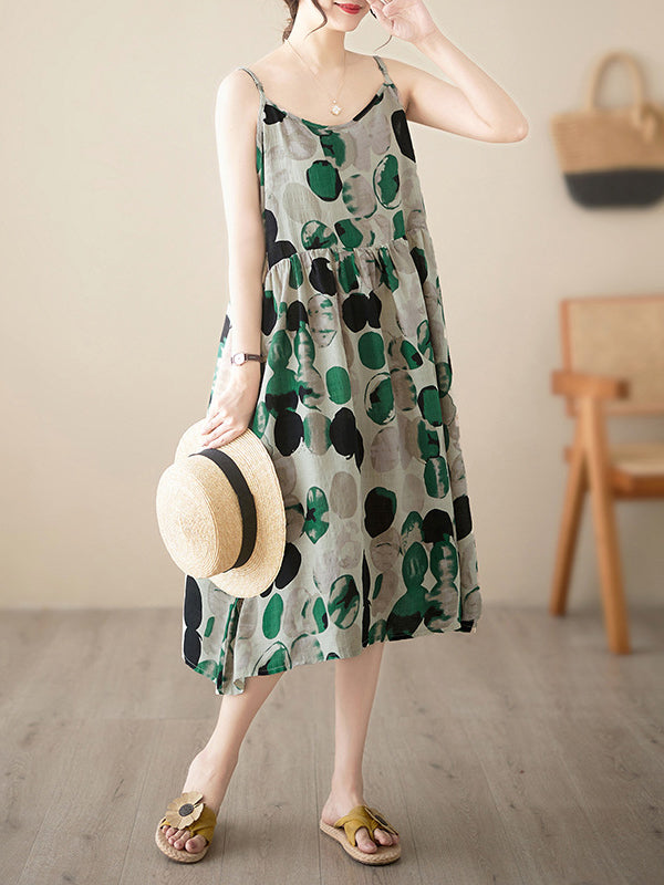 Loose Sleeveless Pleated Printed Split-Joint Spaghetti-Neck Midi Dresses