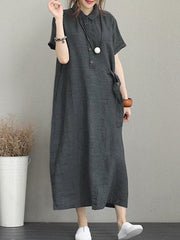 Original Cotton-Blend Lapel Solid Color Dress