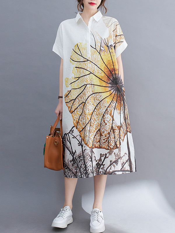 Artistic Retro Floral Printed Buttoned Lapel Collar Short Sleeves Midi Shirt Dress