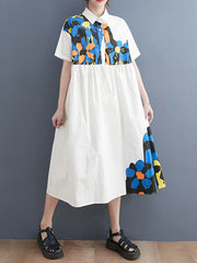 Artistic Retro Loose Short Sleeves Floral Printed Split-Joint Lapel Collar Midi Dresses