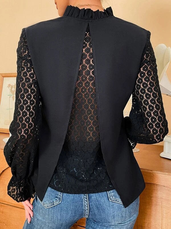 Flared Sleeves Long Sleeves Pleated See-Through Split-Joint Stand Collar Blouses