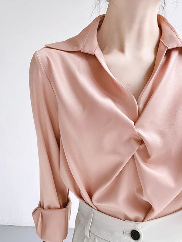 Long Sleeves Loose Knot Solid Color Lapel Blouses&Shirts Tops