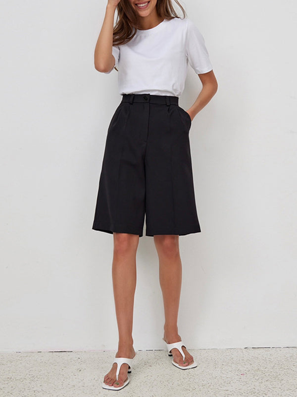 High Waisted Loose Pleated Solid Color Split-Joint Half Pants Shorts Bottoms