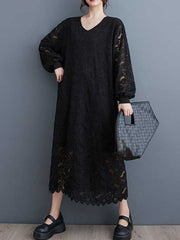 Bishop Sleeve Long Sleeves Jacquard V-Neck Midi Dresses