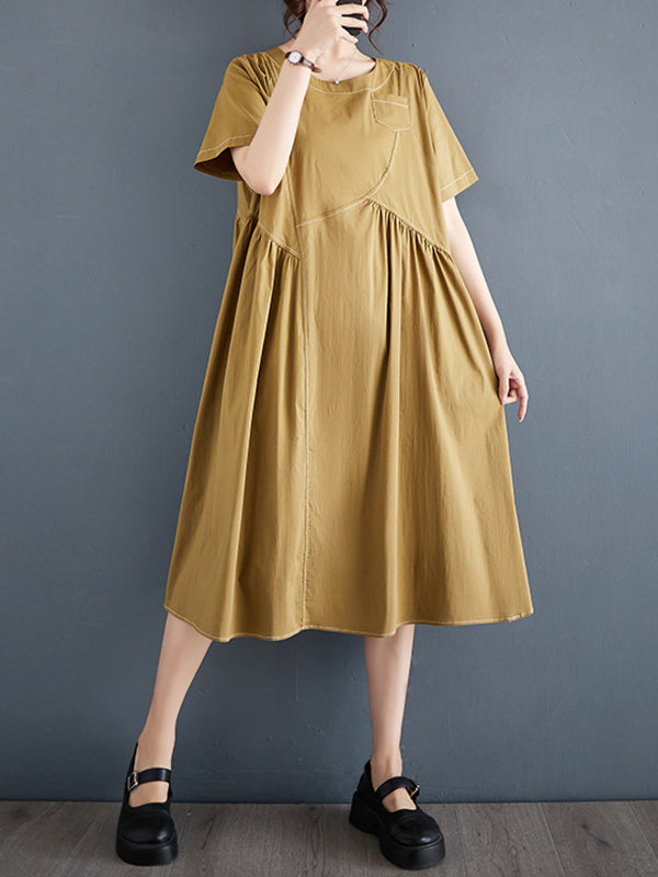 A-Line Loose Asymmetric Pleated Pockets Solid Color Split-Joint Round-Neck Midi Dresses