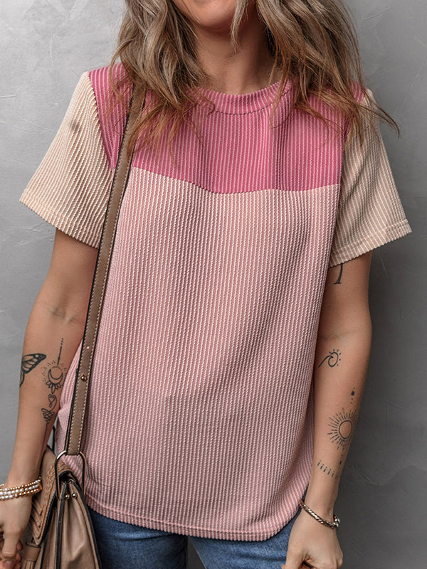 Loose Short Sleeves Contrast Color Split-Joint Round-Neck T-Shirts Tops