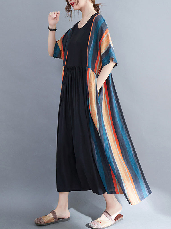 Loose Contrast Color Striped Pleated Midi Dress