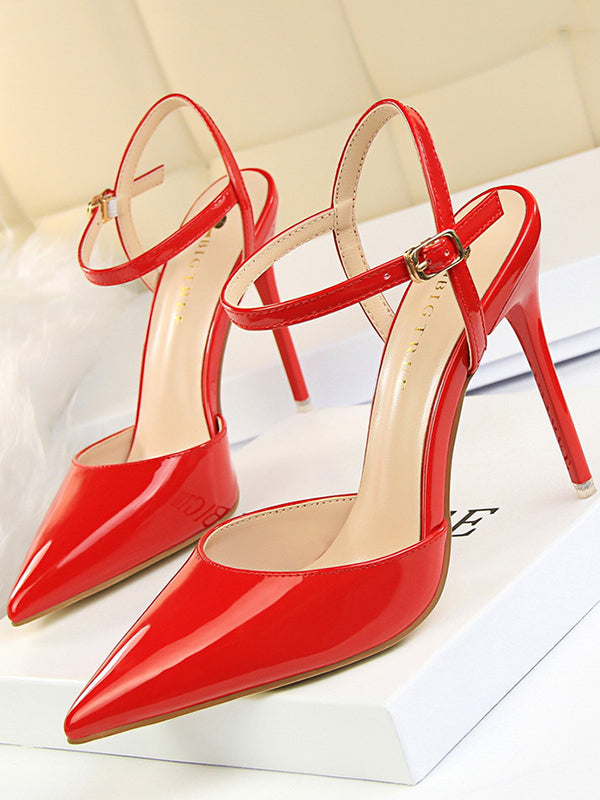 Belt Buckle Pointed-Toe Shiny Split-Joint Pumps Sandals