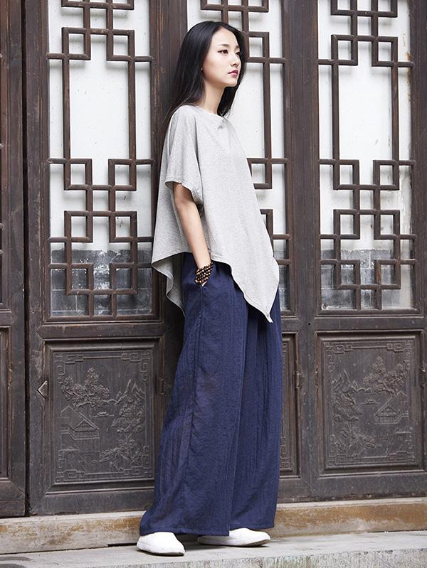 Asymmetric Batwing-sleeves Ramie Cotton Tops