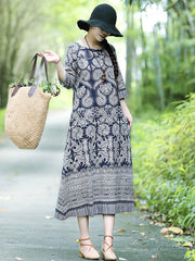 Vintage Cotton Blend Printing Midi Dresses