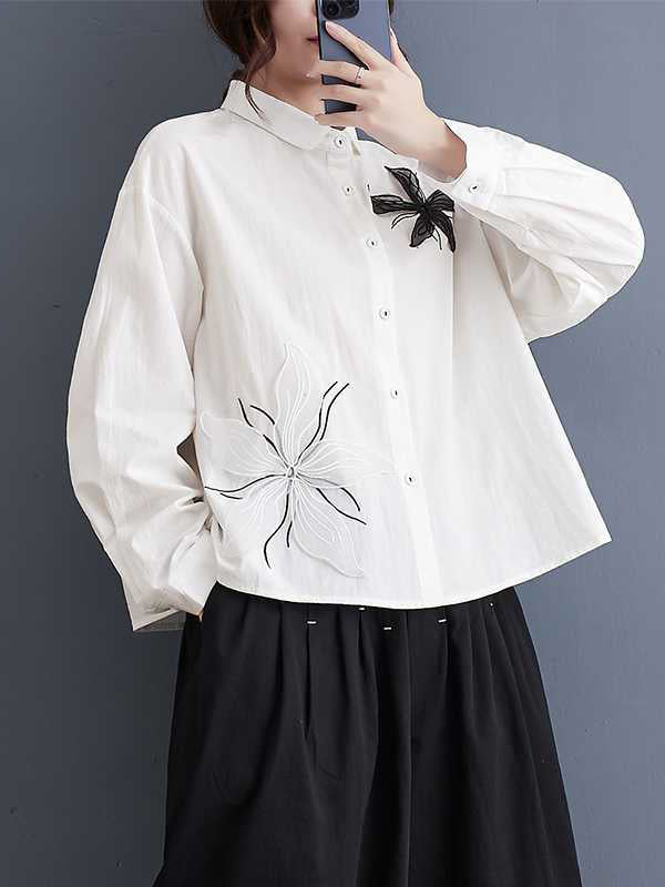 Long Sleeves Loose Applique Buttoned Embroidered Lapel Blouses&Shirts Tops