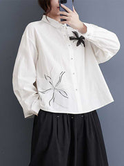 Long Sleeves Loose Applique Buttoned Embroidered Lapel Blouses&Shirts Tops