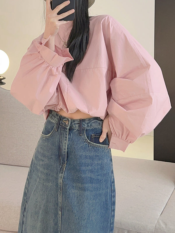 Batwing Sleeves Loose Elasticity Solid Color Round-Neck Blouses&Shirts Tops