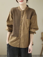 Long Sleeves Loose Asymmetric Buttoned Pockets Split-Joint Round-Neck Blouses&Shirts Tops