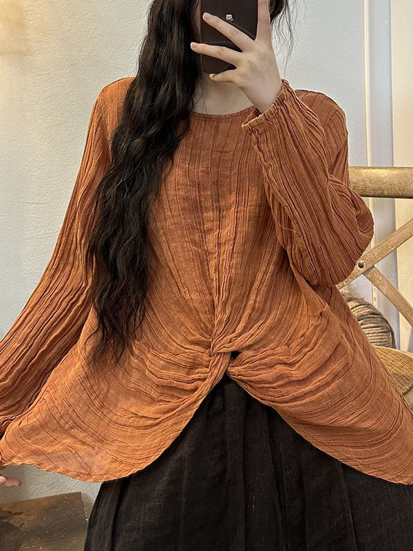 Long Sleeves Loose Pleated Solid Color Round-Neck Blouses&Shirts Tops