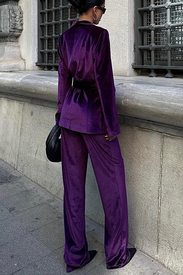 Cool Girl Energy Velvet Long Sleeve Belted Lapel Coat and Elastic Waist Pocketed Loose Pants Set