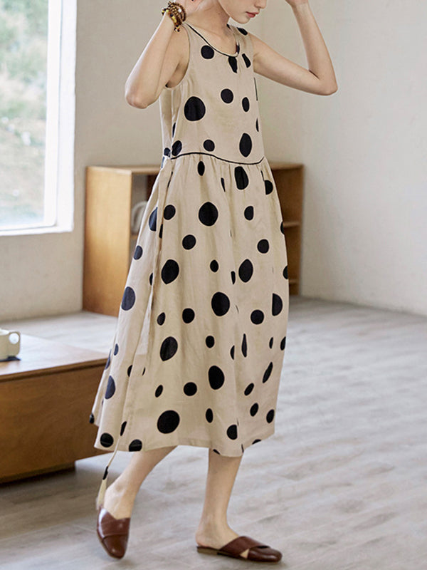 Loose Sleeveless Contrast Color Pleated Polka-Dot Split-Joint Tied Waist Round-Neck Midi Dresses