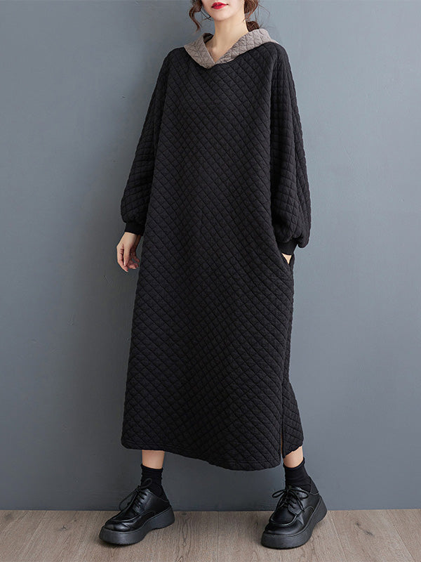 A-Line Long Sleeves Hooded Quilted Split-Side Midi Dresses