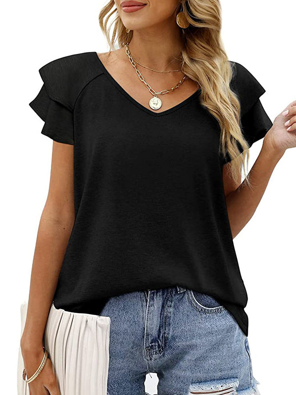 Loose Ruffle Sleeves Double Layered Solid Color Split-Joint Round-Neck T-Shirts Tops