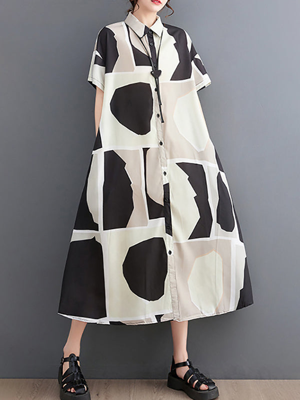 Loose Oversize Color-Block Printed Lapel Midi Dresses Shirt Dress