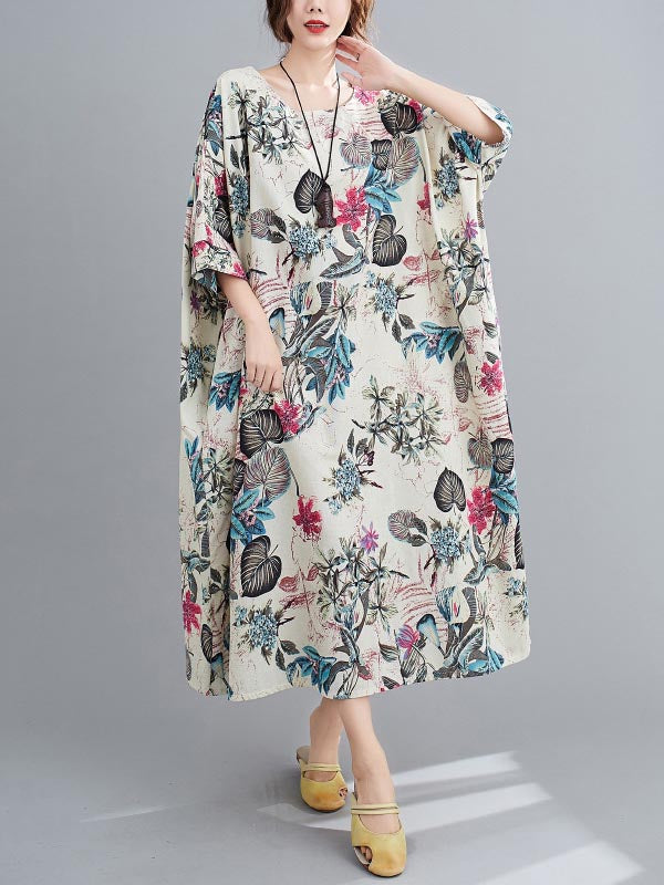 Vintage Floral Round-Neck Dress