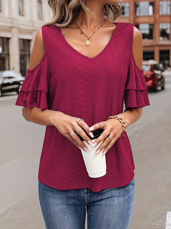 Half Sleeves Loose Double Layered Hollow Jacquard Solid Color Cold Shoulder T-Shirts Tops