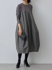 Long Sleeves Loose Split-Joint Round-Neck Midi Dresses