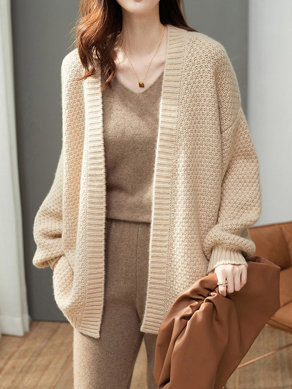 Long Sleeves Loose Solid Color Collarless Cardigan Tops