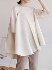 Simple Loose Long Sleeves Tied Pleated Solid Color Round-Neck T-Shirts Tops