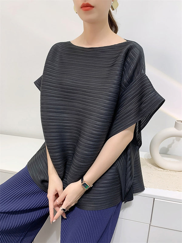 Batwing Sleeves Loose Pleated Solid Color Round-Neck T-Shirts Tops