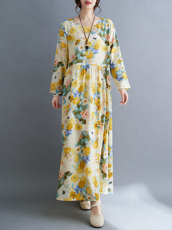 Long Sleeves Loose Flower Print Split-Joint Round-Neck Midi Dresses