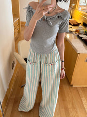 High Waisted Loose Split-Joint Striped Pants Trousers