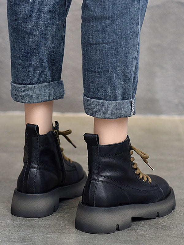 Cow Leather Lace-Up Zipper Martin Booties