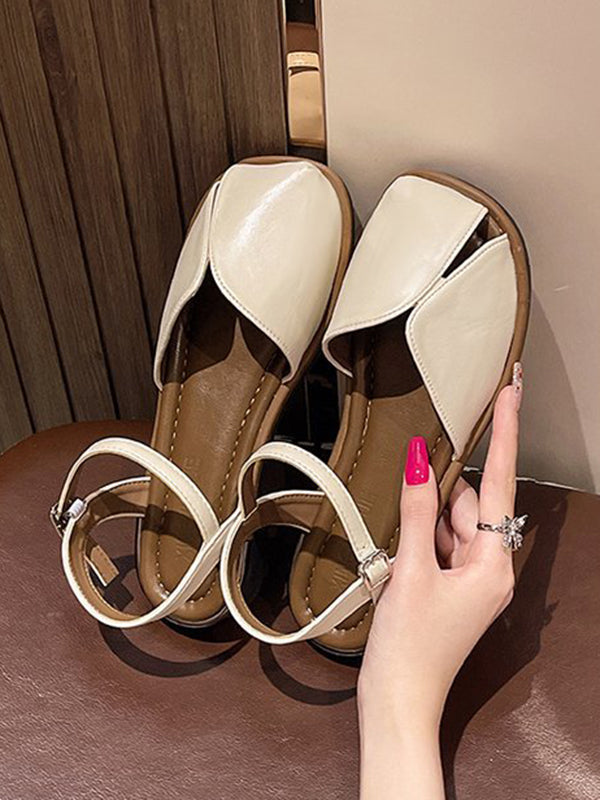 Belt Buckle Hollow Split-Joint Square-Toe Flat Shoes Sandals