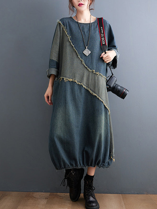 Original Loose Denim Contrast Color Round-Neck Long Sleeves Midi Dress