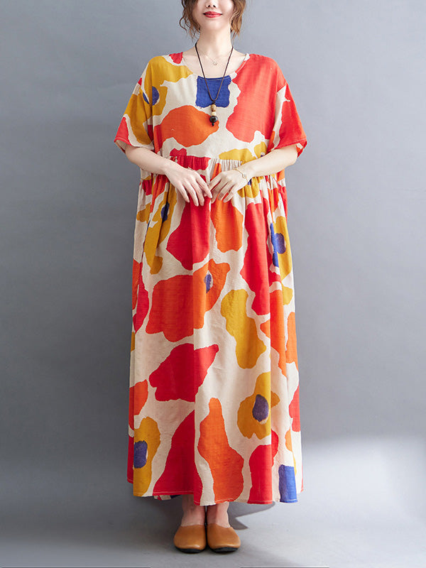 Artistic Retro Short Sleeves Loose Contrast Color Printed Round-Neck Midi Dresses