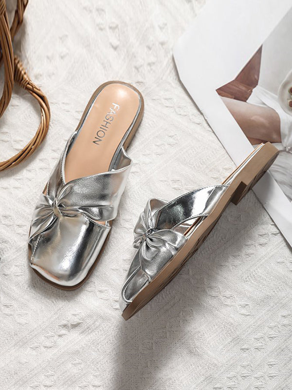 Hollow Pleated Shiny Split-Joint Square-Toe Slippers&Mules