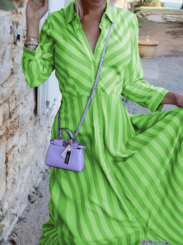 Stylish Long Sleeves Striped Lapel Collar Maxi Dresses