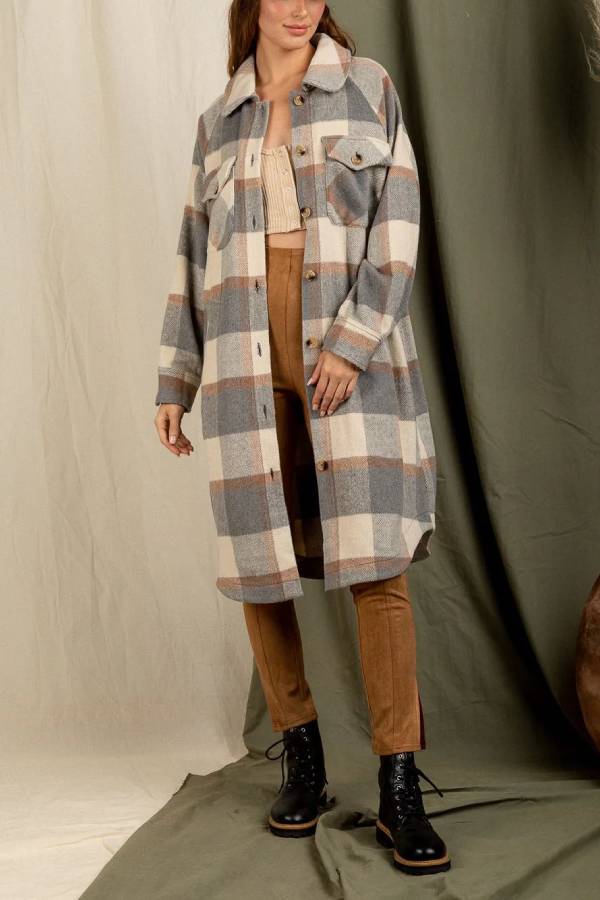 Plaid print drop shoulder overcoat