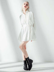 Vacation Long Sleeves Puff Sleeves Embroidered Solid Color Stand Collar Mini Dresses