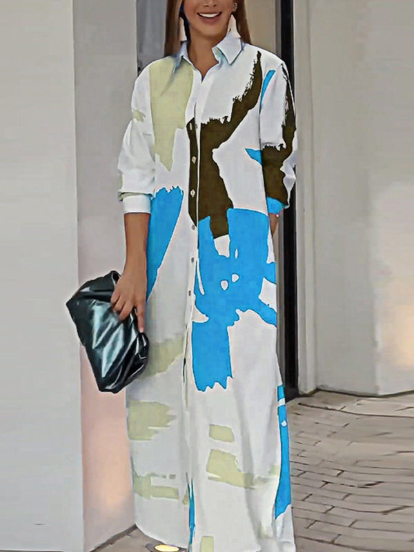 Loose Wrap Buttoned Contrast Color Pockets Printed Split-Side Shirt Dress