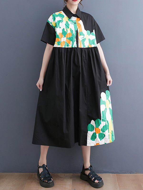 Artistic Retro Loose Short Sleeves Floral Printed Split-Joint Lapel Collar Midi Dresses