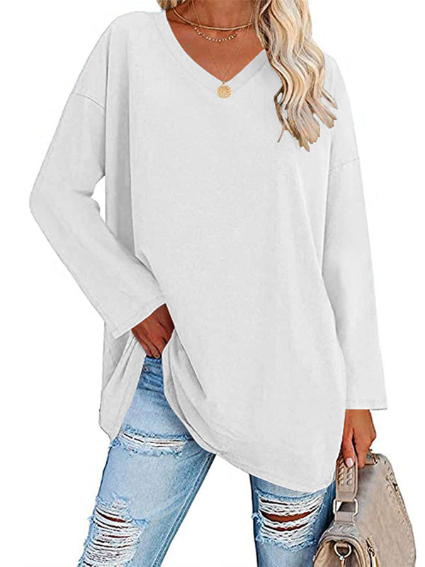 Long Sleeves Loose See-Through Solid Color Split-Joint V-Neck T-Shirts